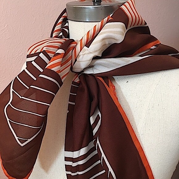 VTG 60 70 Jim Renoir Geometric Print Brown Burnt Orange Large Square scarf - Picture 4 of 16